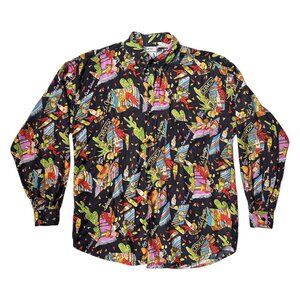 80s Vintage Novelty Print Buttonup Shirt Cervaza Mexican Food Beer Drink Theme.